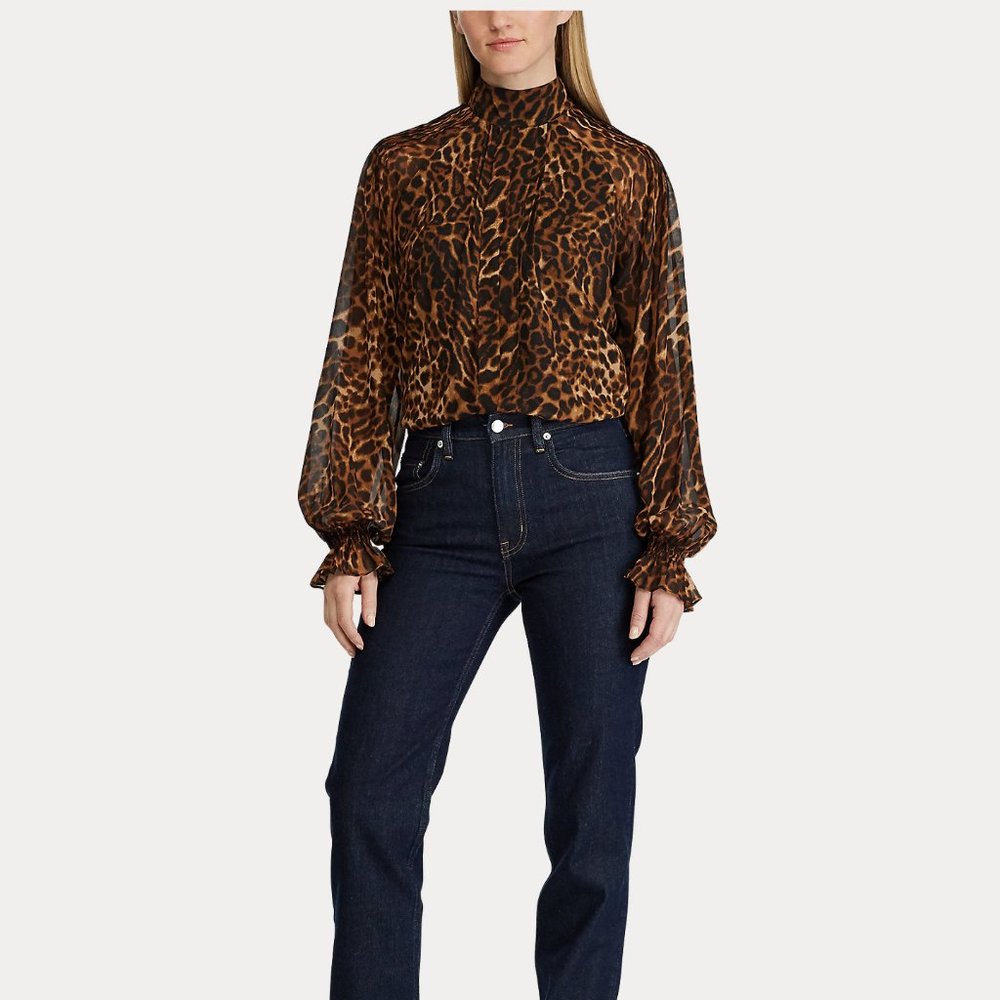Lauren Ralph Lauren Brown Leopard Print High-Neck Blouse